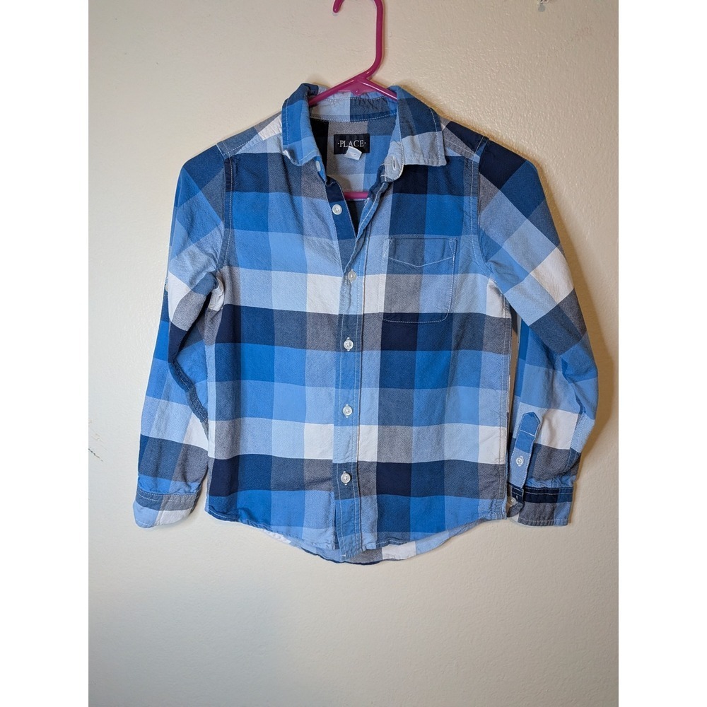 The Place Boys Plaid Button Down Shirt Long Sleeve Blue White Size‎ 7/8